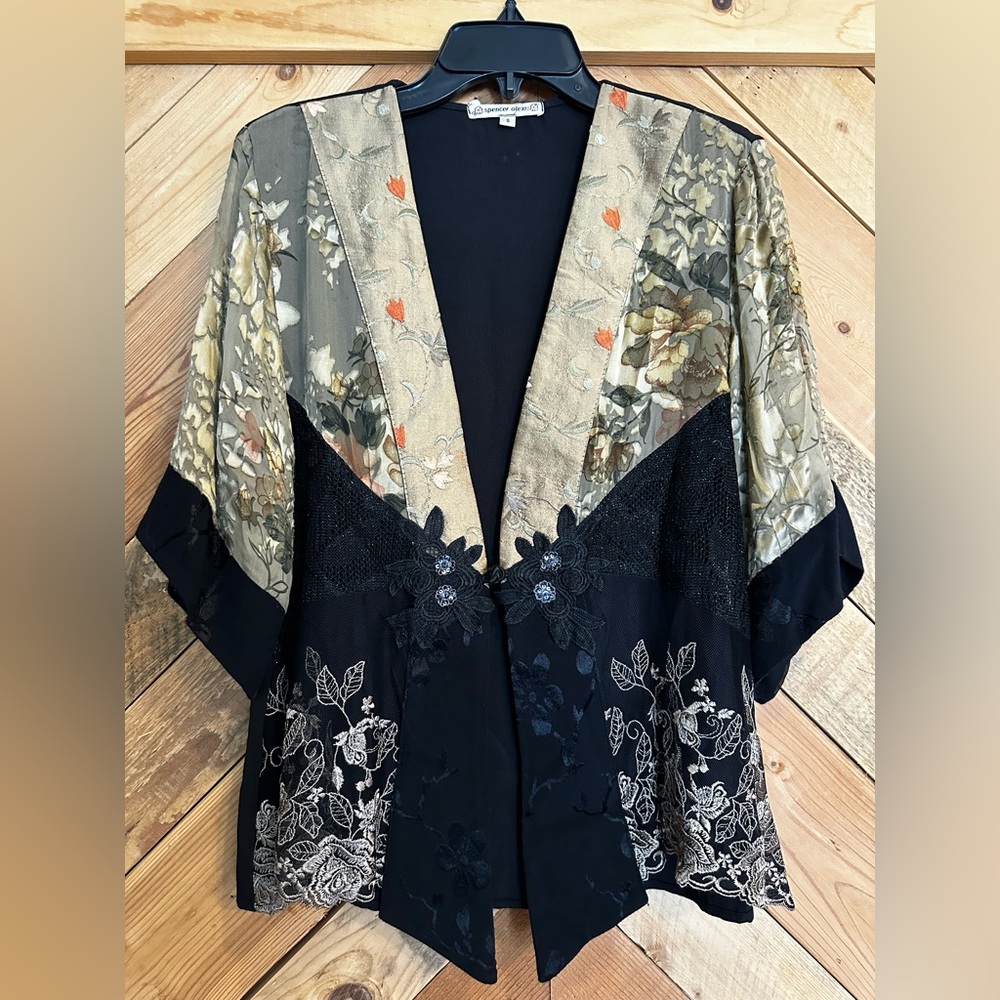 Black Floral Embroidered Kimono Duster with Gold Accents